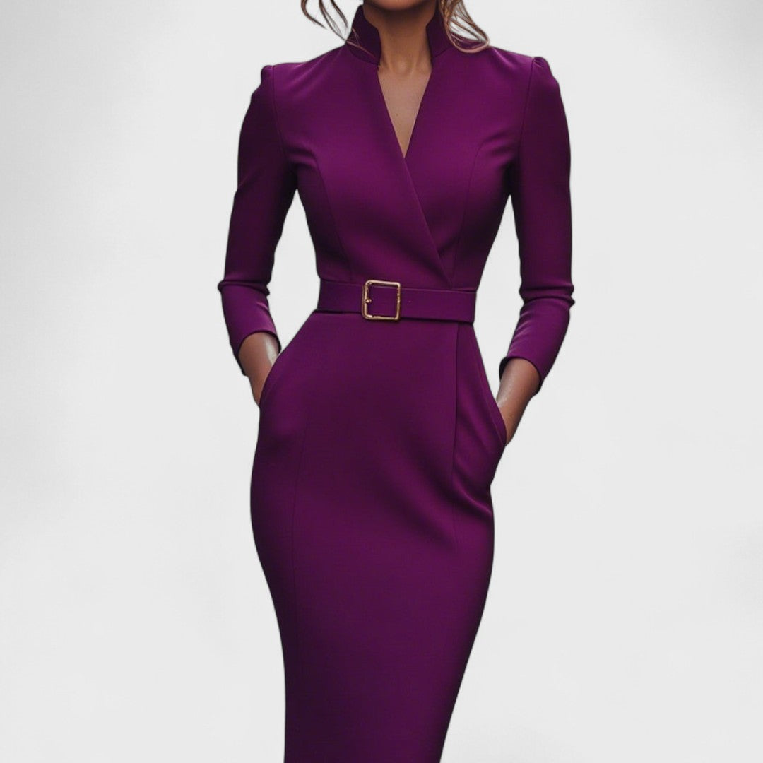 Mandarin - Elegant Black Dress with Belt and Collar